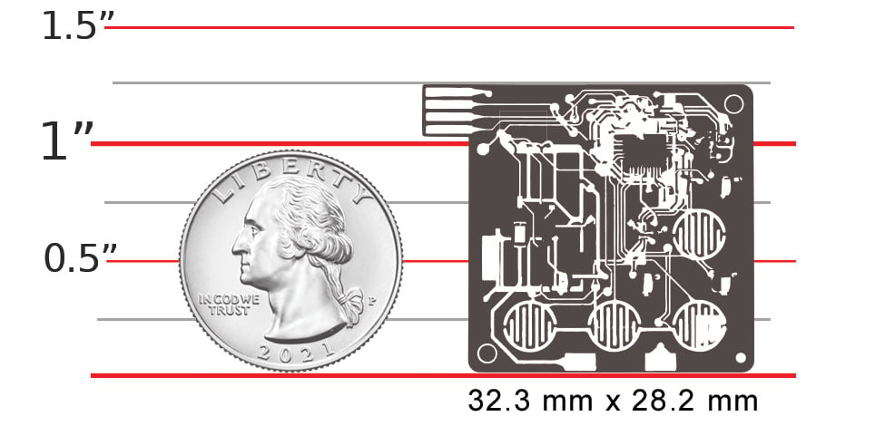 PCB shown at scale next to US quarter